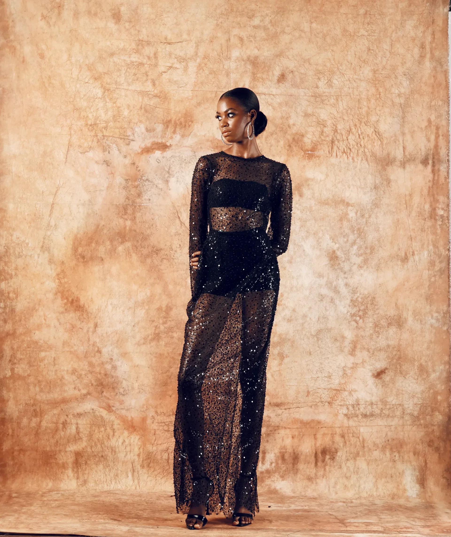 black sheer silk tiered gown view 2