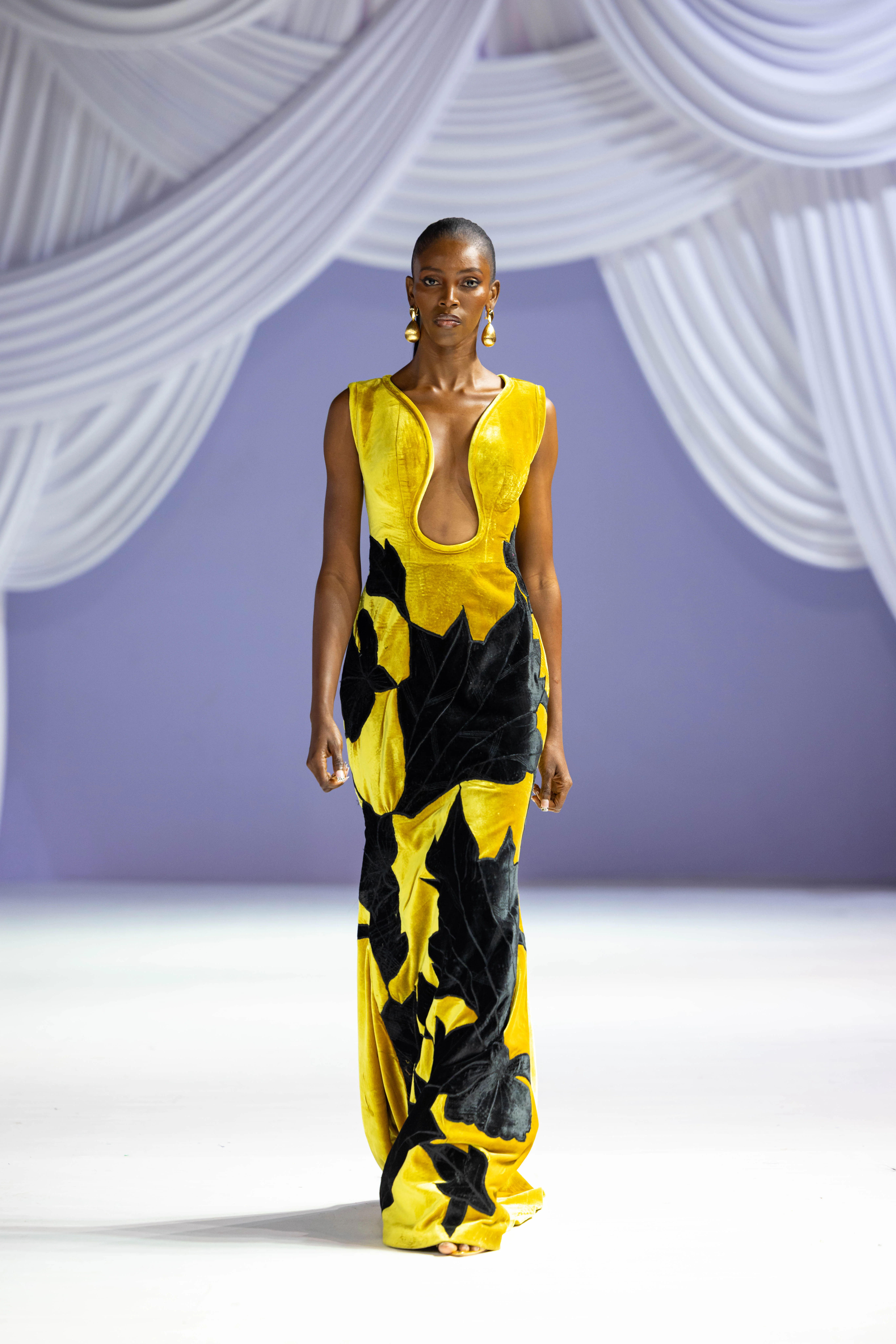 gold velvet column gown view 1